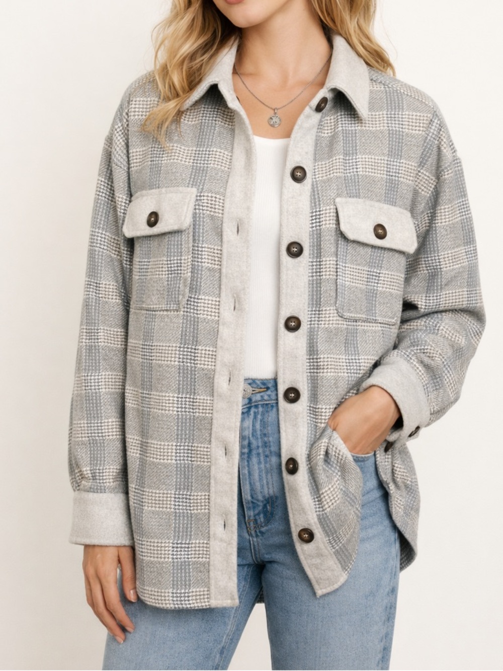 Hem & Thread Plaid Shacket Jacket Gray Cream Button Front Pocket M NWT